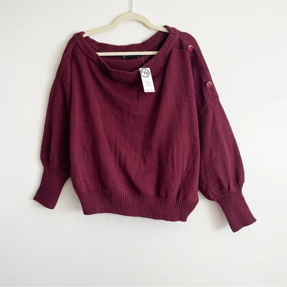 New Fashion to Figure Adrienne Off Shoulder Sweater button shoulder burgundy 0 - Picture 3 of 11
